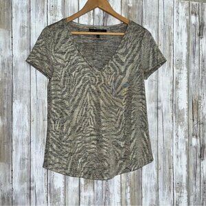 White House Black Market Metallic Sheer Zebra Print V-Neck Tee